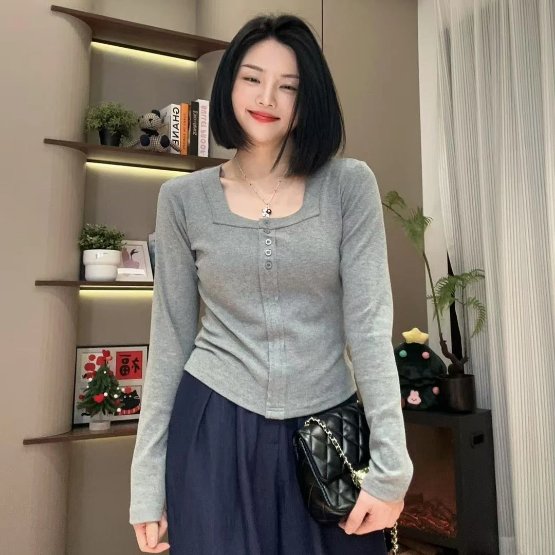 春季法式方领排扣设计剪边拼接设计长袖T恤5-2-24