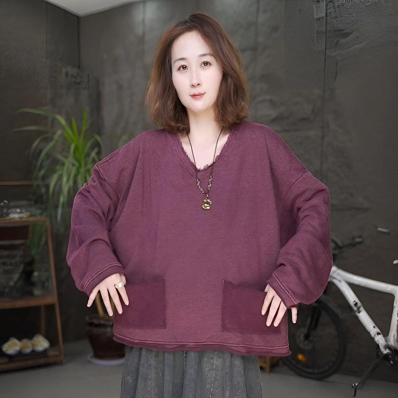 【双口袋卫衣】长袖V领落肩袖秋季宽松百搭卫衣休闲女装轻熟风