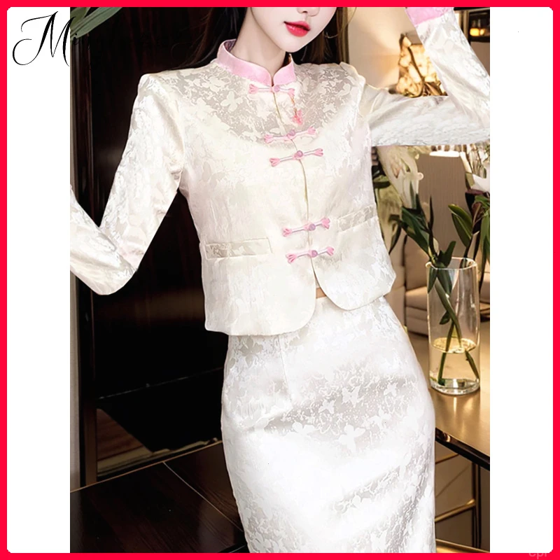 秋季优雅气质中国风连衣裙醋酸包臀半身裙提花旗袍上衣两件套装裙