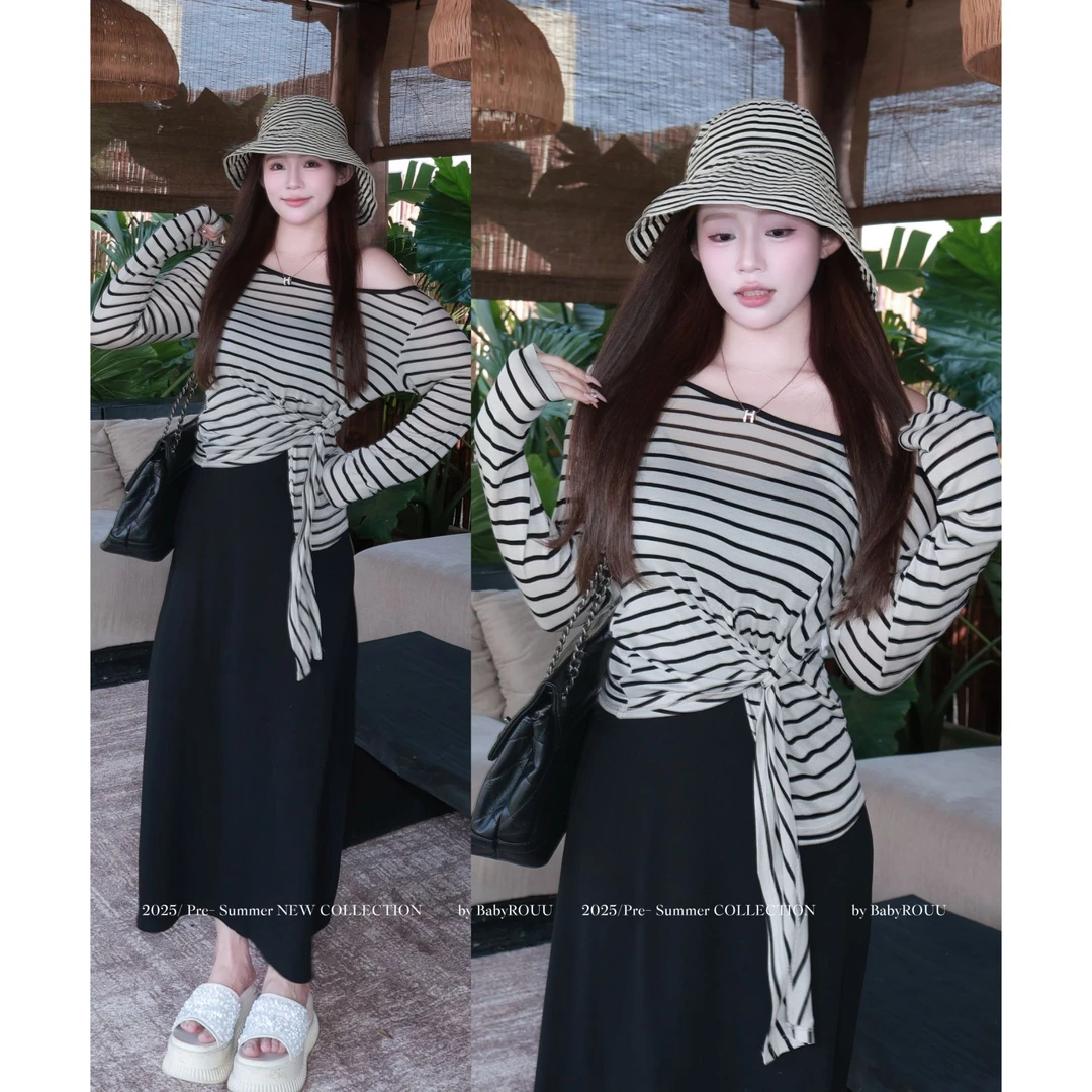 【私藏时差】温与柔气质真两件套连衣长裙套装显瘦高腰时尚条纹