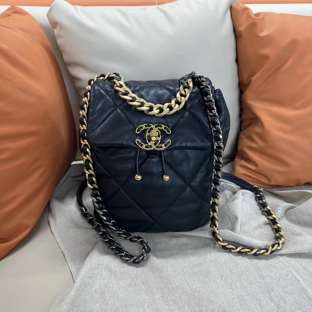 95新 Chanel/香奈儿 24C 19bag系列 皮穿链扣 双金珠 黑金 芯片款