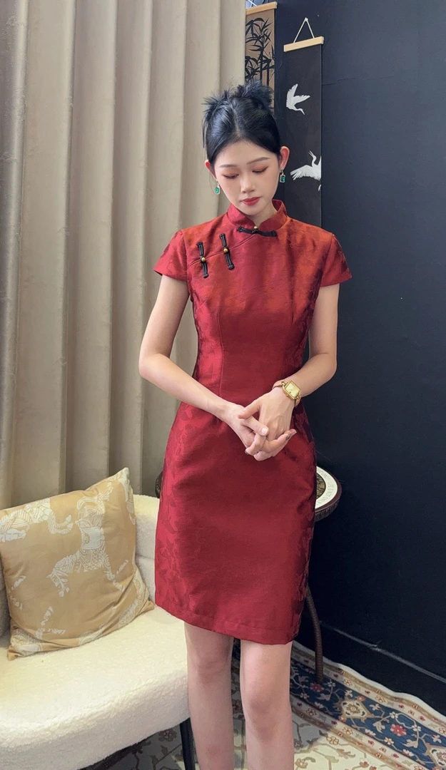 【红筏锁绪】虞七七128#显瘦气质优雅喜庆新中式提花短袖旗袍连衣裙