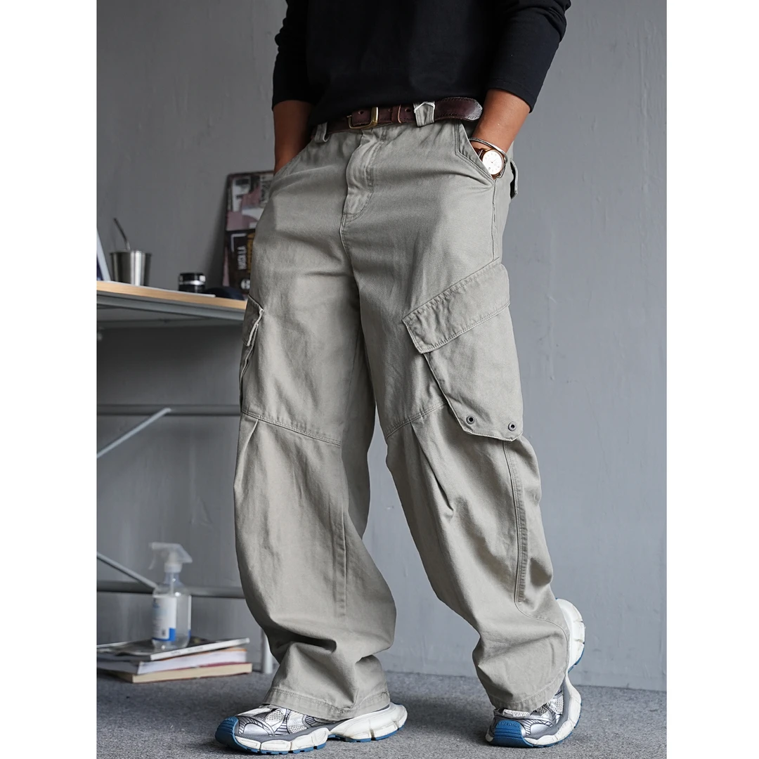 秋季美式休闲痞帅重磅大口袋工装裤男直筒宽松百搭纯棉阔腿长裤潮