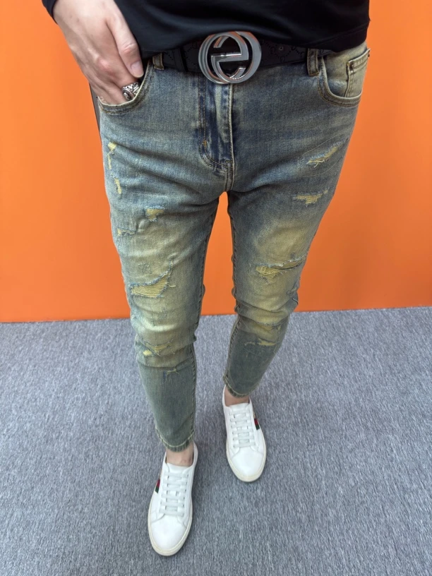 春夏复古弹力牛仔裤潮流时尚百搭水洗个性破洞修身小脚韩版牛仔裤