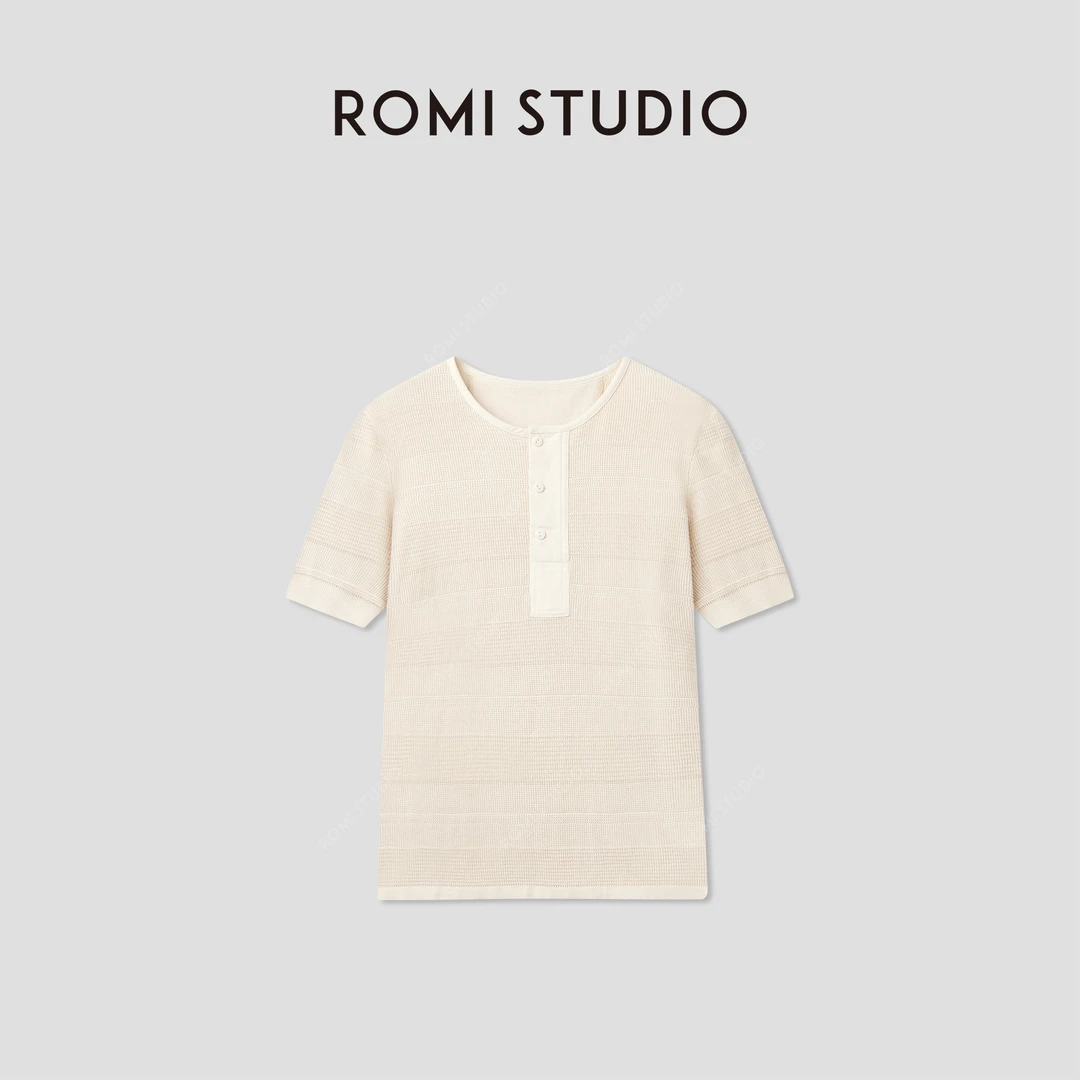 ROMI STUDIO“亨利经典”棉质梭织酵洗立体肌理感短袖T恤RWCAS65078