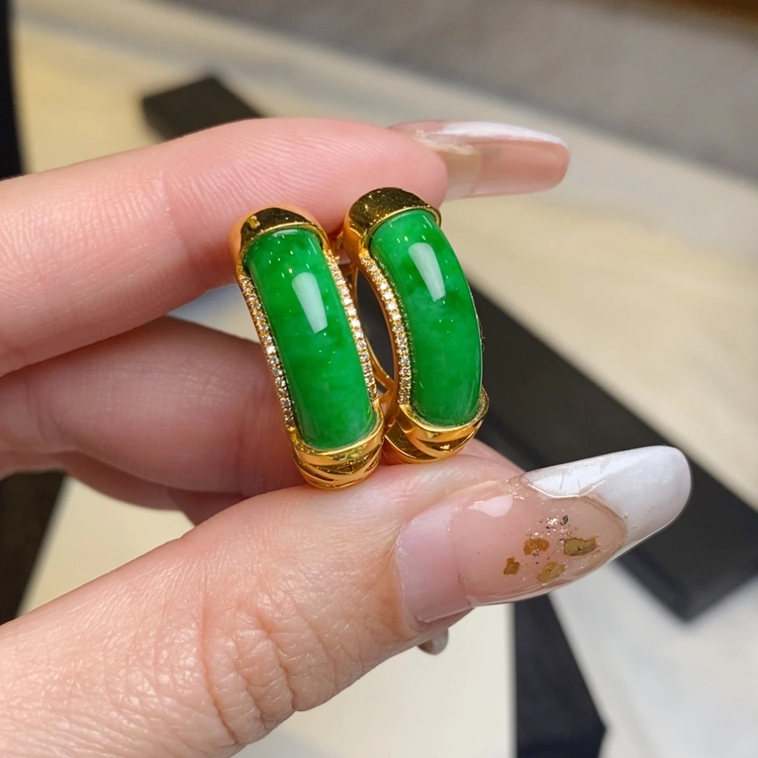 翡翠耳饰18K金镶嵌辣阳绿圈圈