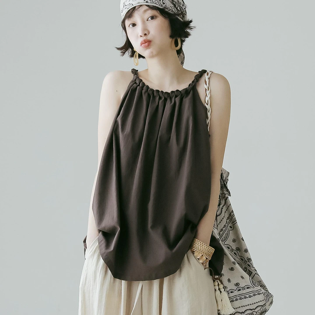 波嬉风设计感天丝棉手工编织吊带上衣女挂脖无袖宽松法式背心t恤