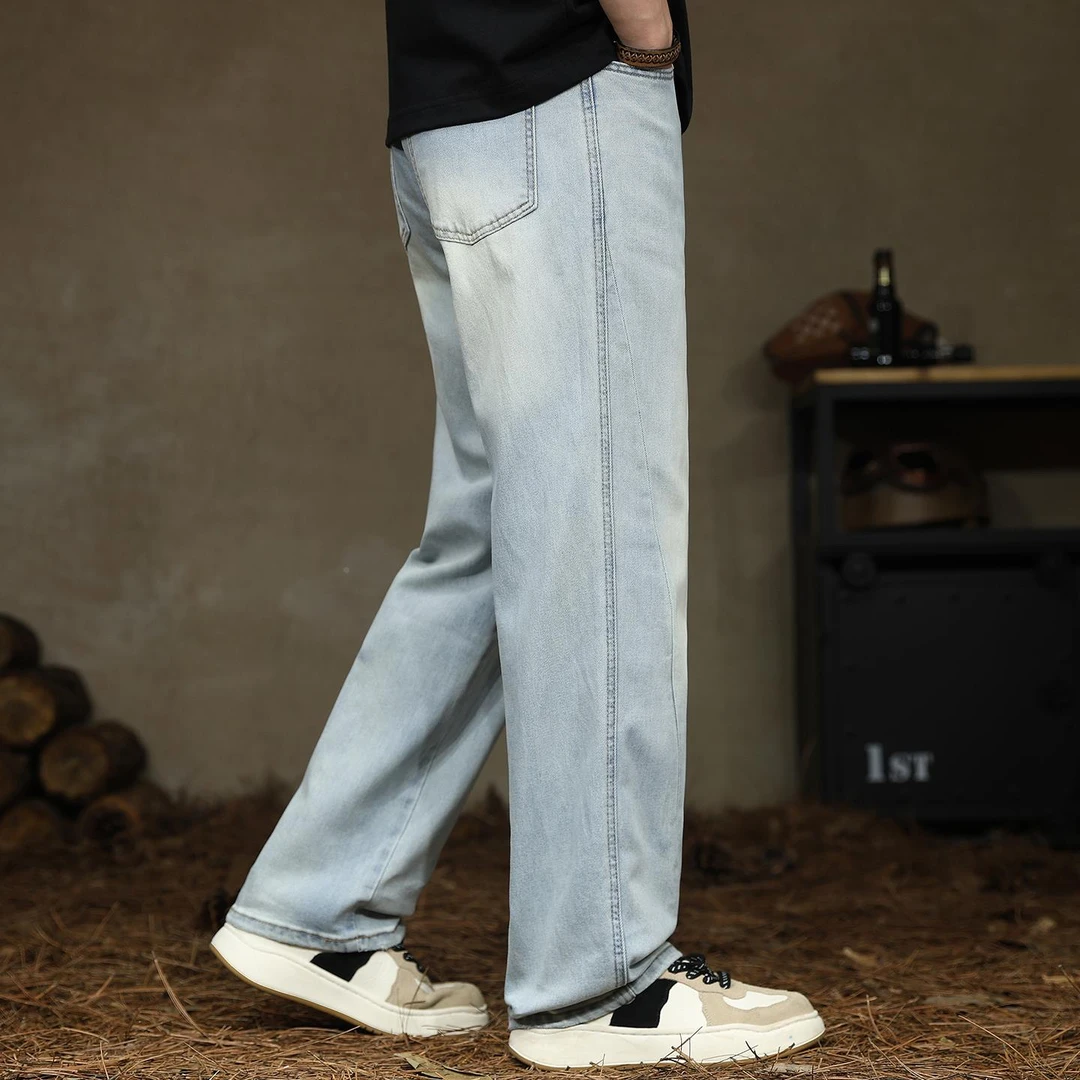【高档欧货】2025春夏新款浅蓝色牛仔裤男士宽松垂感阔腿裤莱赛尔
