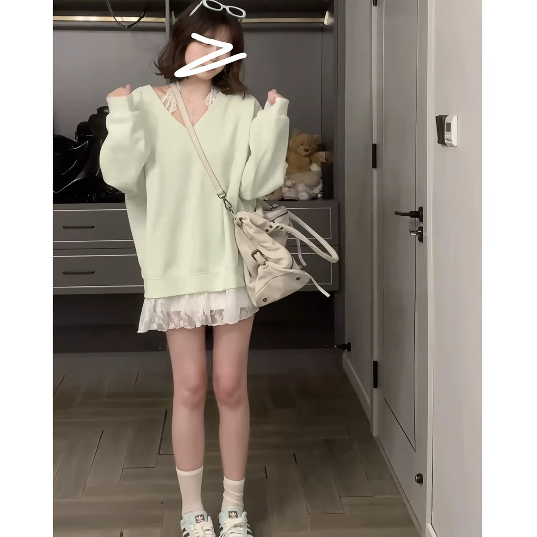 V领长袖卫衣挂脖蕾丝背心休闲长裤女2025秋季新款韩系时尚套装潮