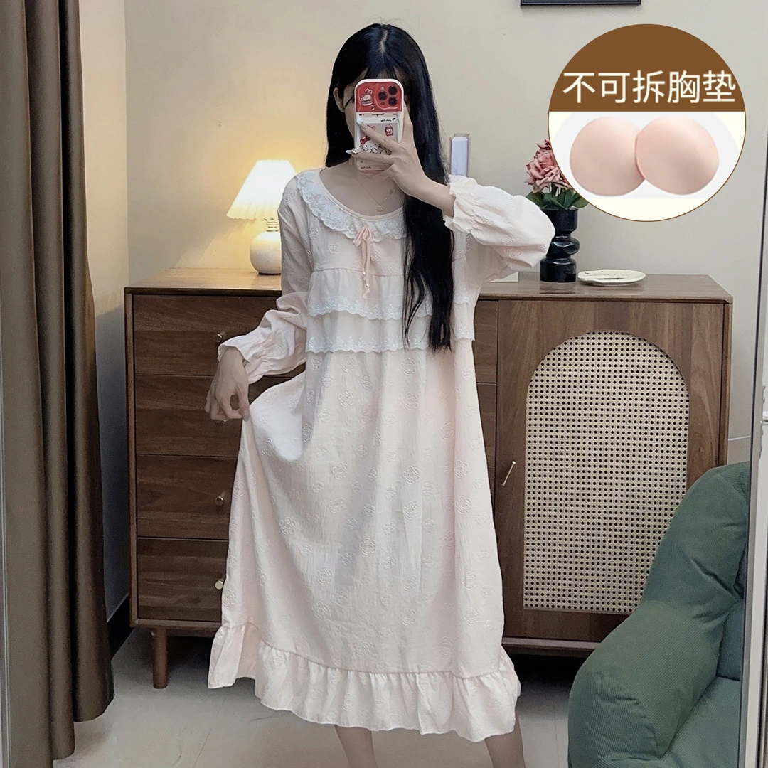 云朵棉睡裙女春秋季薄款公主风花边睡衣秋天2025新款带胸垫家居服