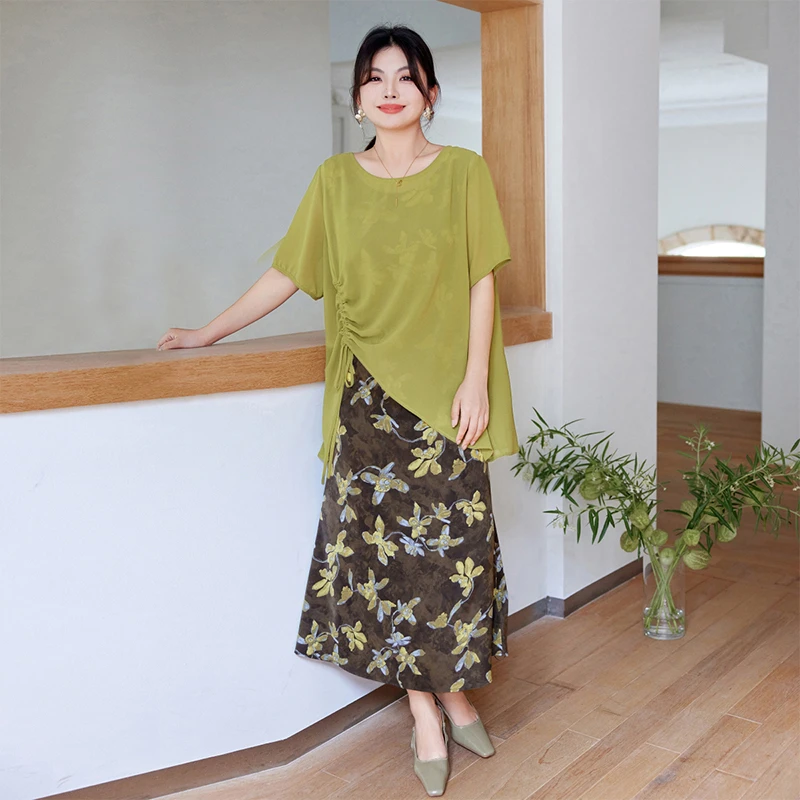 MsShe大码女装设计感不规则套装雪纺小衫连衣裙子B2505040