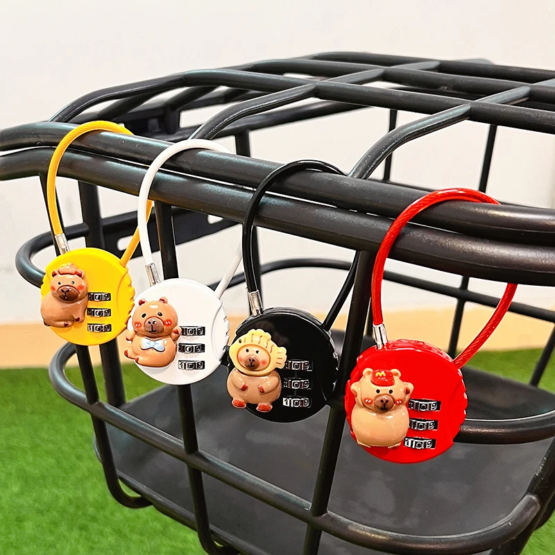 电动车前置车篮锁可爱卡通卡皮巴拉钢丝防剪电瓶车车筐防盗密码锁