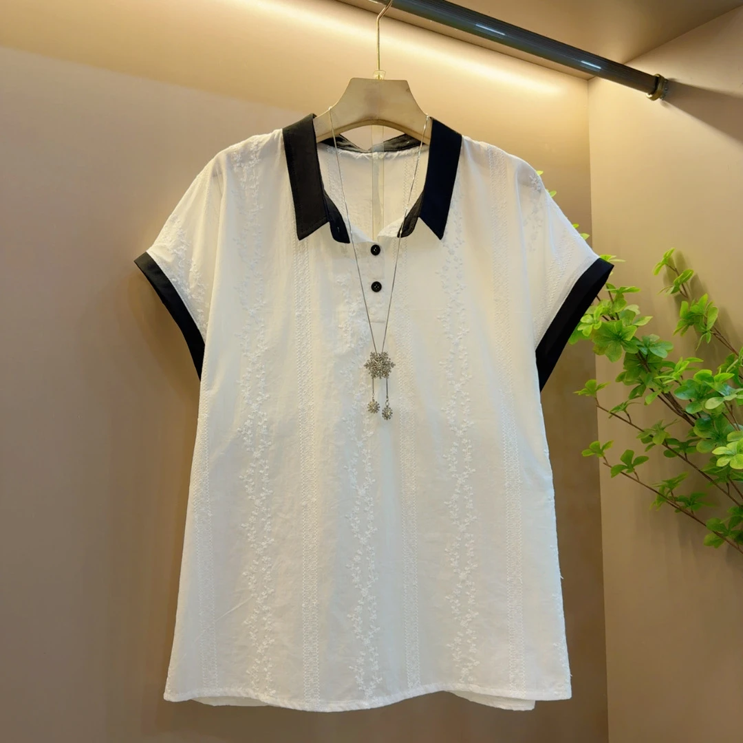 时尚韩版翻领胖妹妹新款显瘦撞色百搭上衣（长64左右）