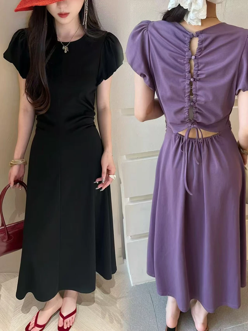 【BAI】夏季新款棉质法式后背纽扣系带收腰显瘦短袖中长连衣裙62287