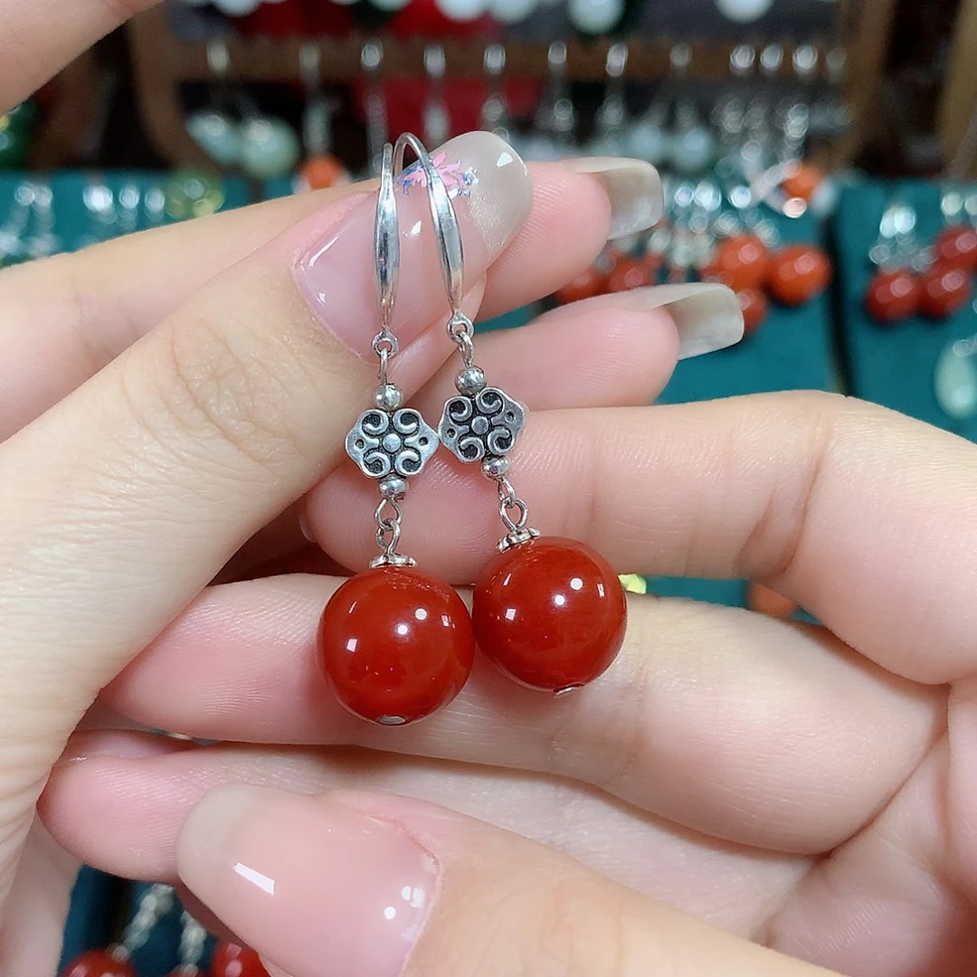 玛瑙/玉髓耳饰银S925镶嵌天然红玛瑙12mm左右（锦红）