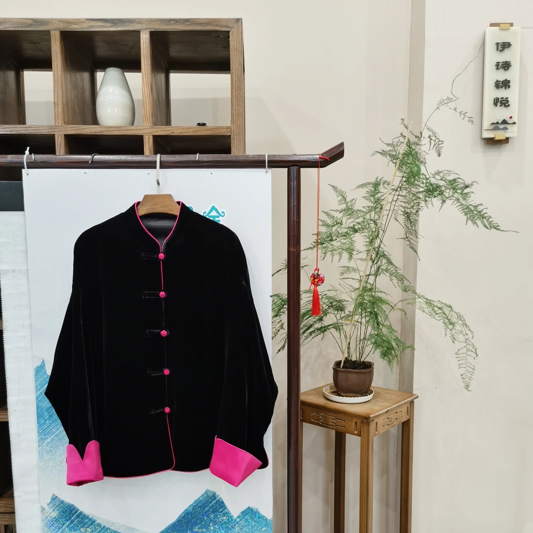 重磅桑蚕丝丝绒秋冬女装新中式国风拼粉袖一字扣时尚洋气外套
