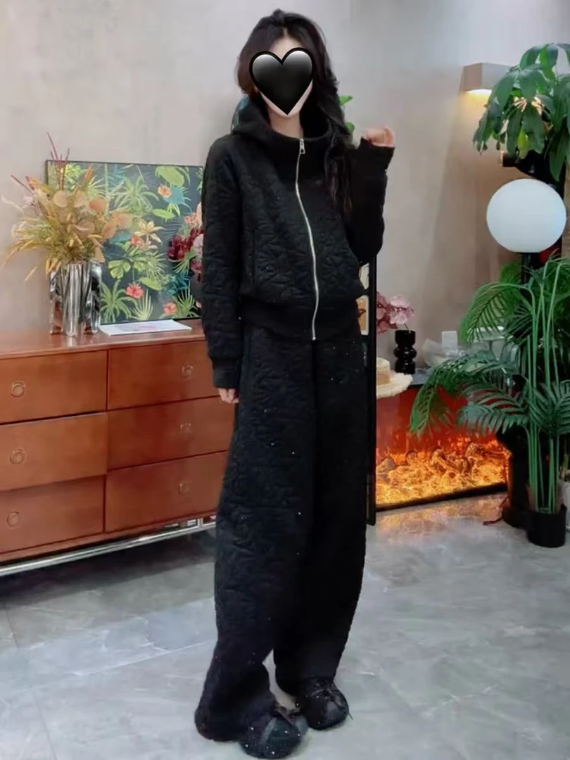 秋冬韩版通勤风大码显瘦套装菱形格连帽上衣阔腿裤两件套892413