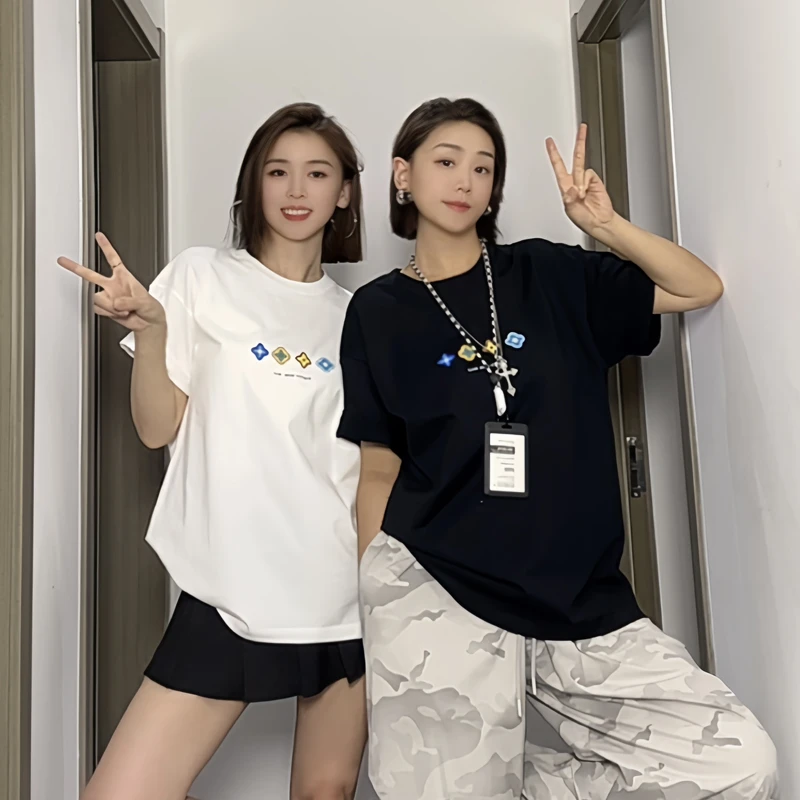 四时花境花瓣短袖国潮美式重磅300克纯棉T恤男女夏季情侣上衣宽松