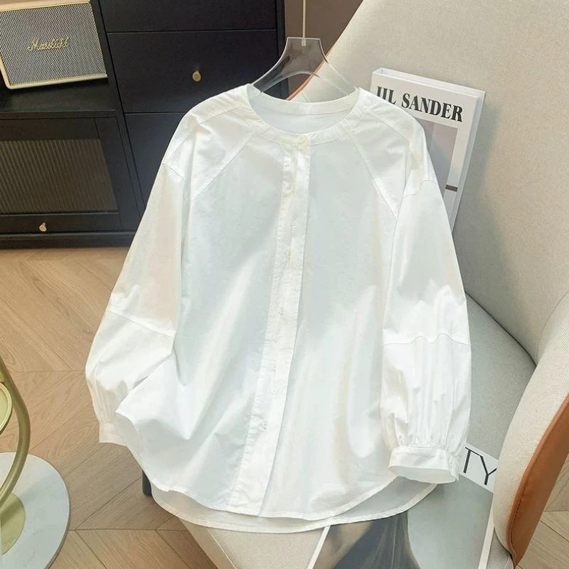 纯棉圆领白色衬衫女装春季新款2025爆款衬衣时尚休闲洋气衣服女潮
