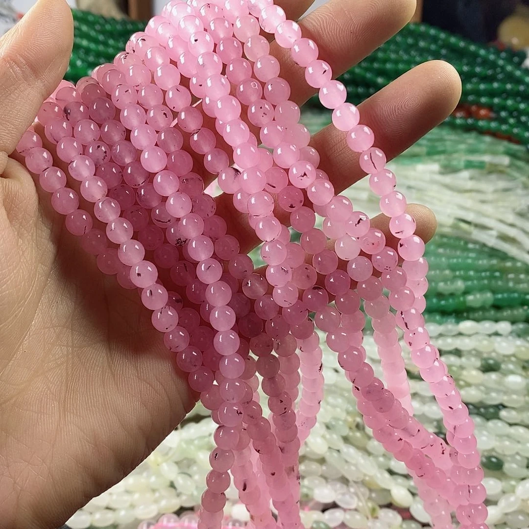 玛瑙/玉髓珠宝半成品合金一条天然6mm粉玉髓D403