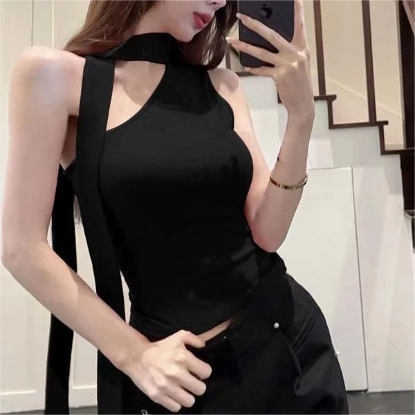 辣妹风斜肩绑带针织吊带背心女夏季新款修身短款针织衫内搭上衣女