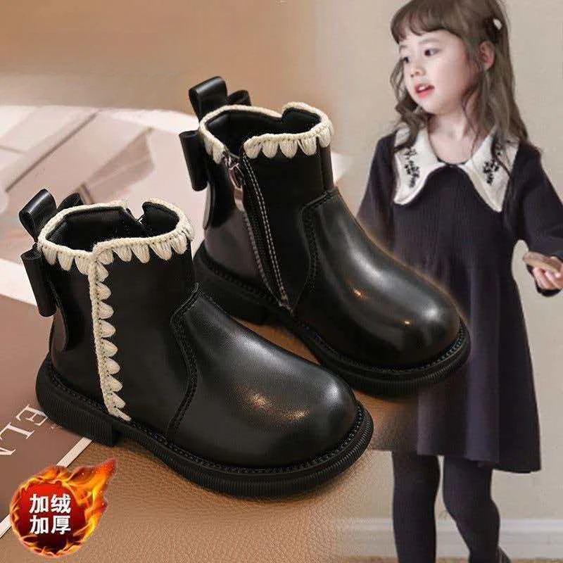 女童靴子儿童马丁靴2025秋冬新款洋气蝴蝶结公主棉靴儿童加绒短靴