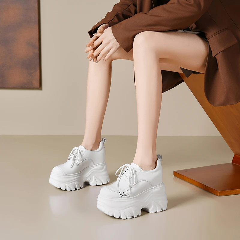 玥小姐松糕女鞋12cm内增高小白鞋厚底显脚小老爹鞋真皮超高跟单鞋