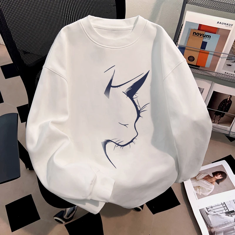 Dekkry韩系卡通猫咪印花秋冬纯棉长袖t恤男女宽松圆领设计感上衣