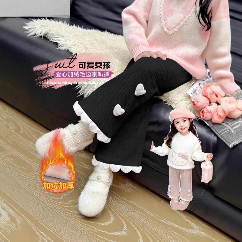女童加绒裤子2025新款喇叭裤秋冬款加厚冬款儿童宝宝一体绒冬季