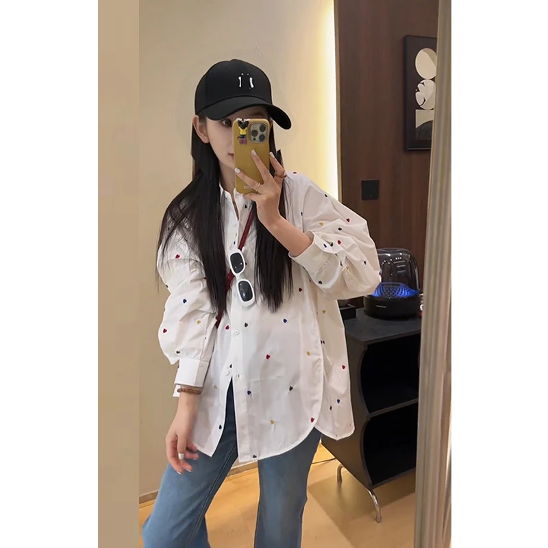 设计感侧边开叉爱心刺绣白色长袖衬衫秋季宽松百搭上衣