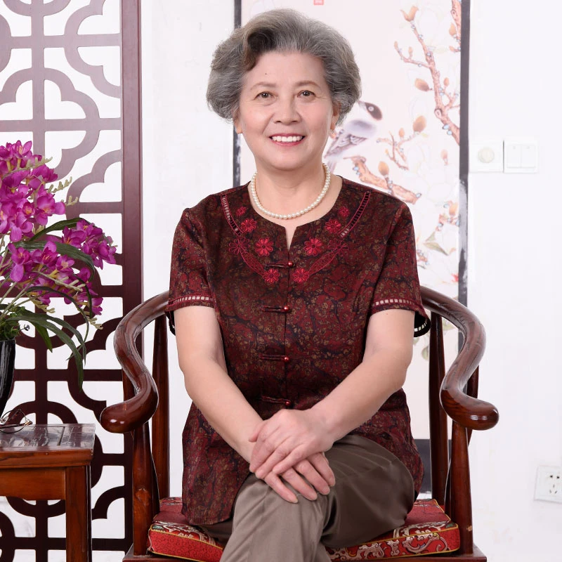 妈妈奶奶装老年女装衬衫香云纱夏季高裆国风衫桑蚕丝真丝短袖上衣