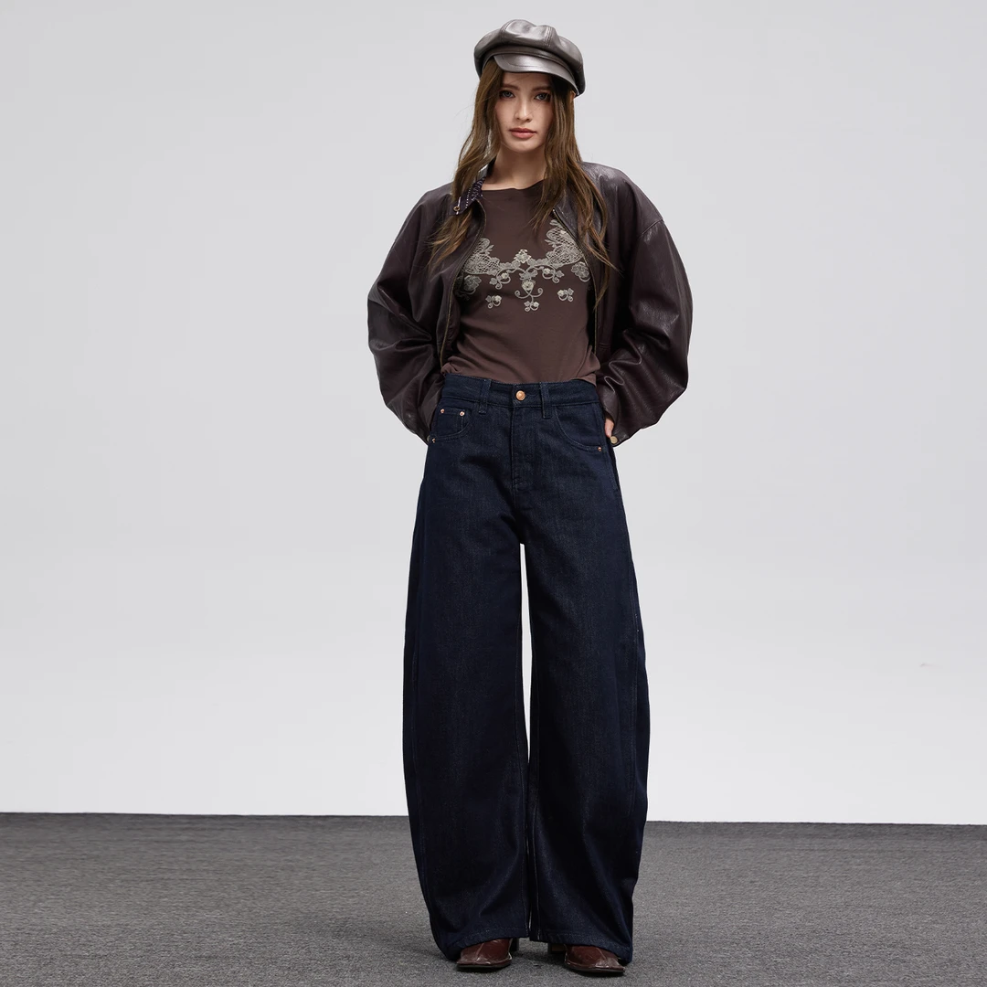 秋冬季新款复古弯刀阔腿牛仔裤潮牌高腰美式宽松百搭拖地裤9366