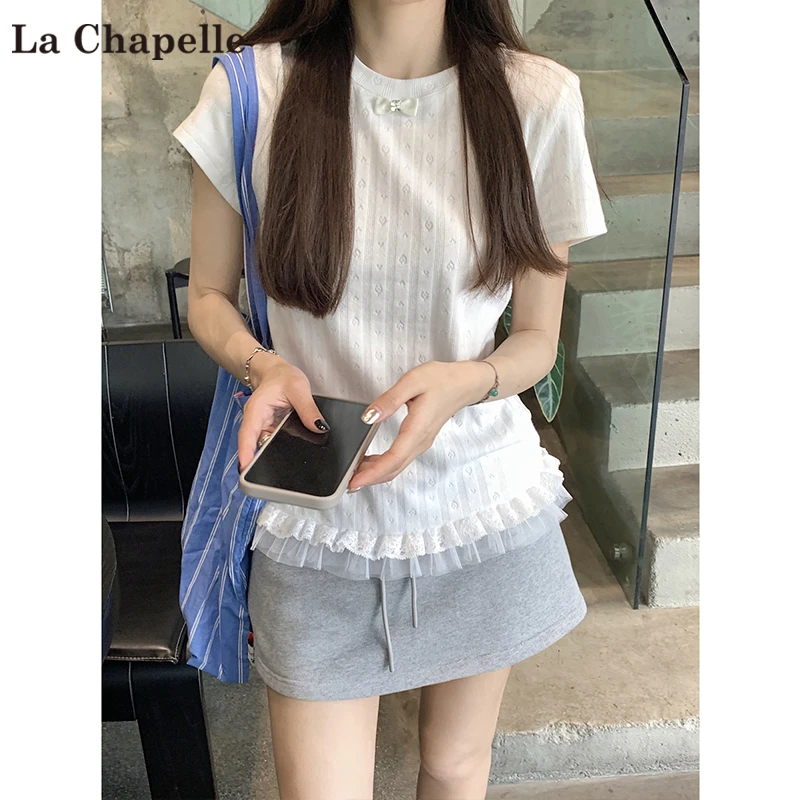 拉夏贝尔甜美蕾丝边短袖T恤女夏季2025新款韩版减龄爱心提花上衣
