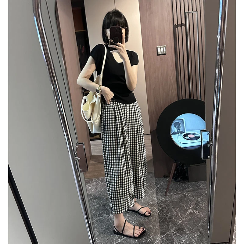 咔呐咪~高腰休闲薄款夏季格子时尚显瘦九分裤