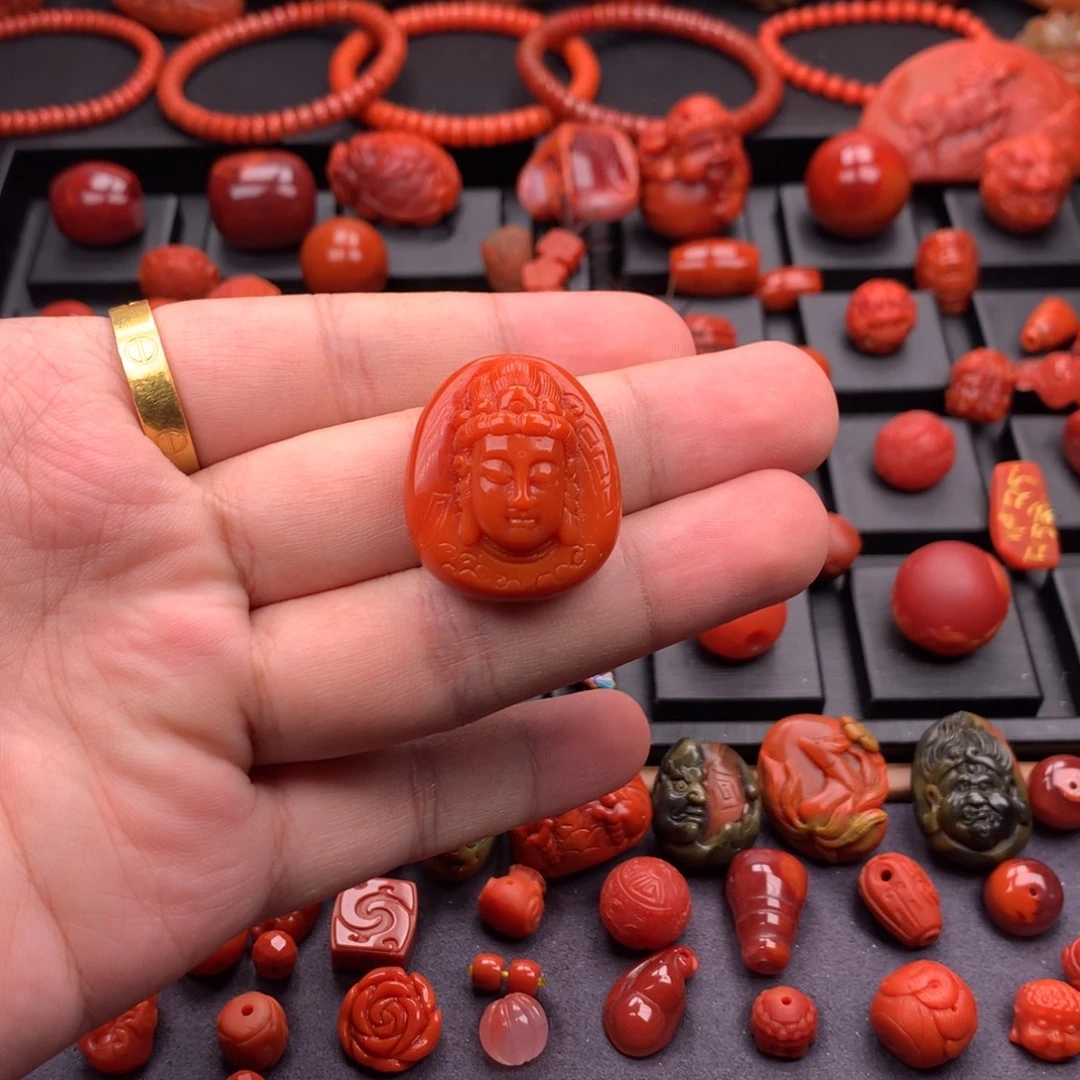 南红玛瑙未镶嵌南红精工雕刻观音吊坠25.3mm