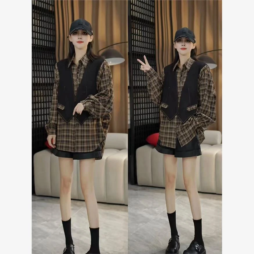 韩系设计感拼接假两件格子长袖衬衫女2025秋季新款小众百搭衬衣潮