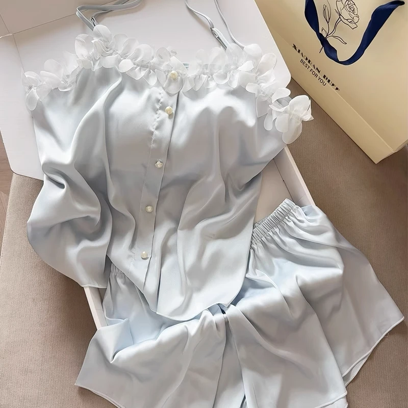 冰丝睡衣女夏季千金花瓣吊带短裤带胸垫睡衣甜美少女纯欲家居服