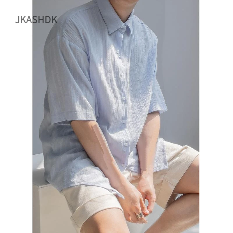 JKASHDK欧洲站夏季慵懒风轻薄短袖衬衫男女日系复古廓形宽松休闲