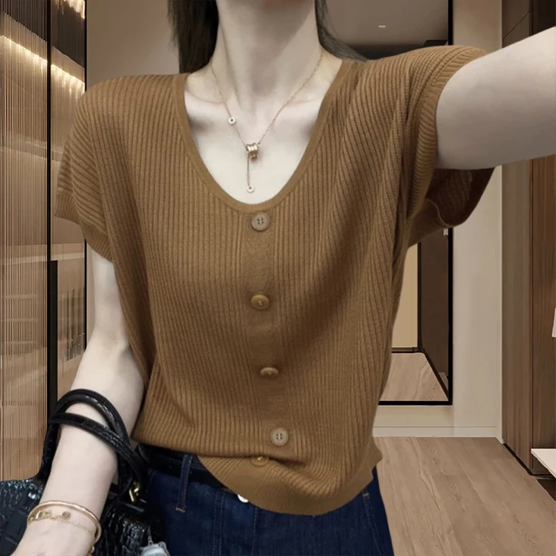 冰丝薄款U领短袖T恤针织衫女2025夏季新款上衣洋气百搭高级打底衫