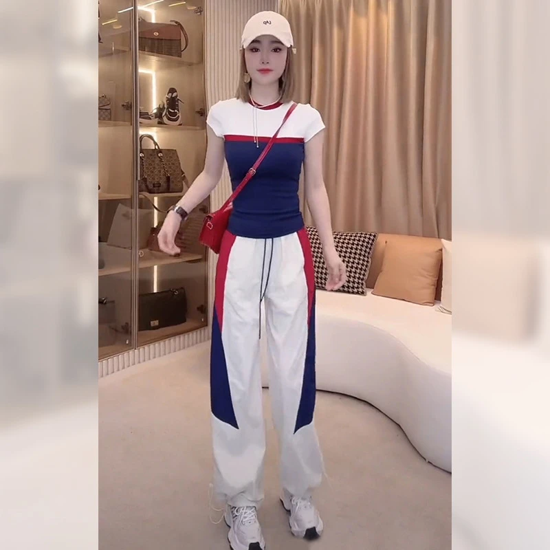 欧货休闲运动风套装女夏季设计感上衣恤短袖高腰长裤两件套洋气