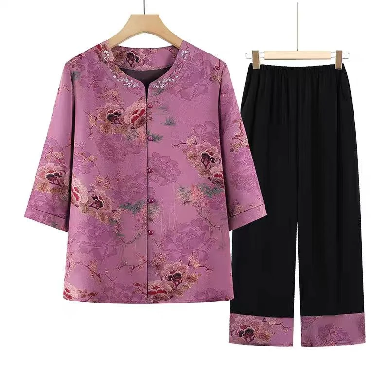 9289-中老年服饰衬衫时尚洋气套装遮肉显瘦女装老年人【康燕】