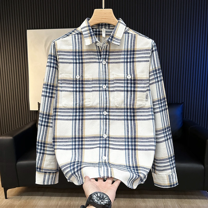 春秋季新款复古格子衬衫男长袖宽松休闲帅气纯棉翻领男装衬衣外套