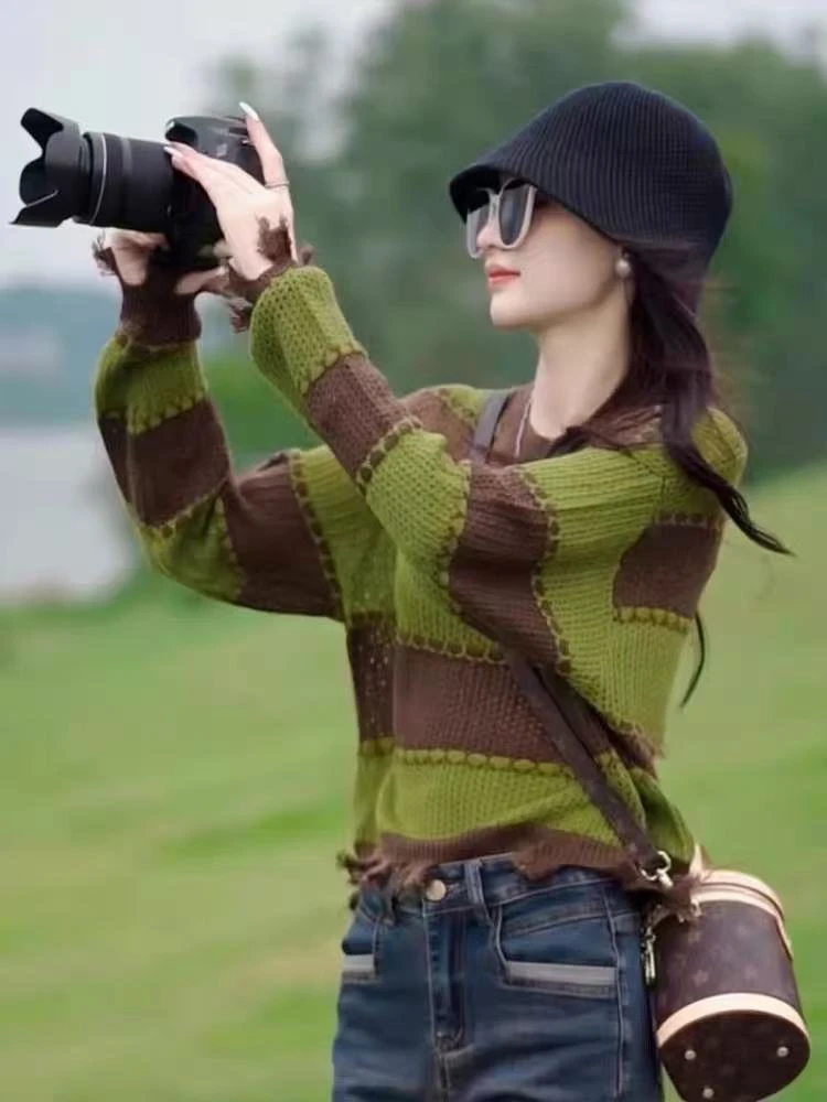 拼色镂空针织衫上衣女春秋新款宽松套头长袖打底衫慵懒风软糯毛衣