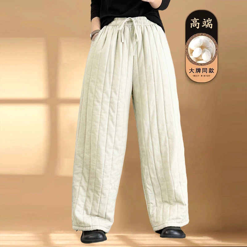 2025冬季新款松紧腰系带夹棉棉裤显瘦百搭休闲阔腿裤净版厚长裤女