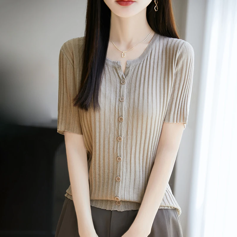 哥弟阿玛施正品女短袖开衫时尚短款气质百搭显瘦针织衫修身上衣