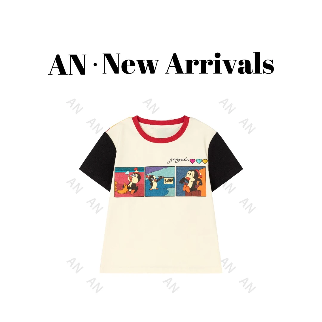 C02106新款小众活力拼色背面卡通动漫企鹅圆领T恤