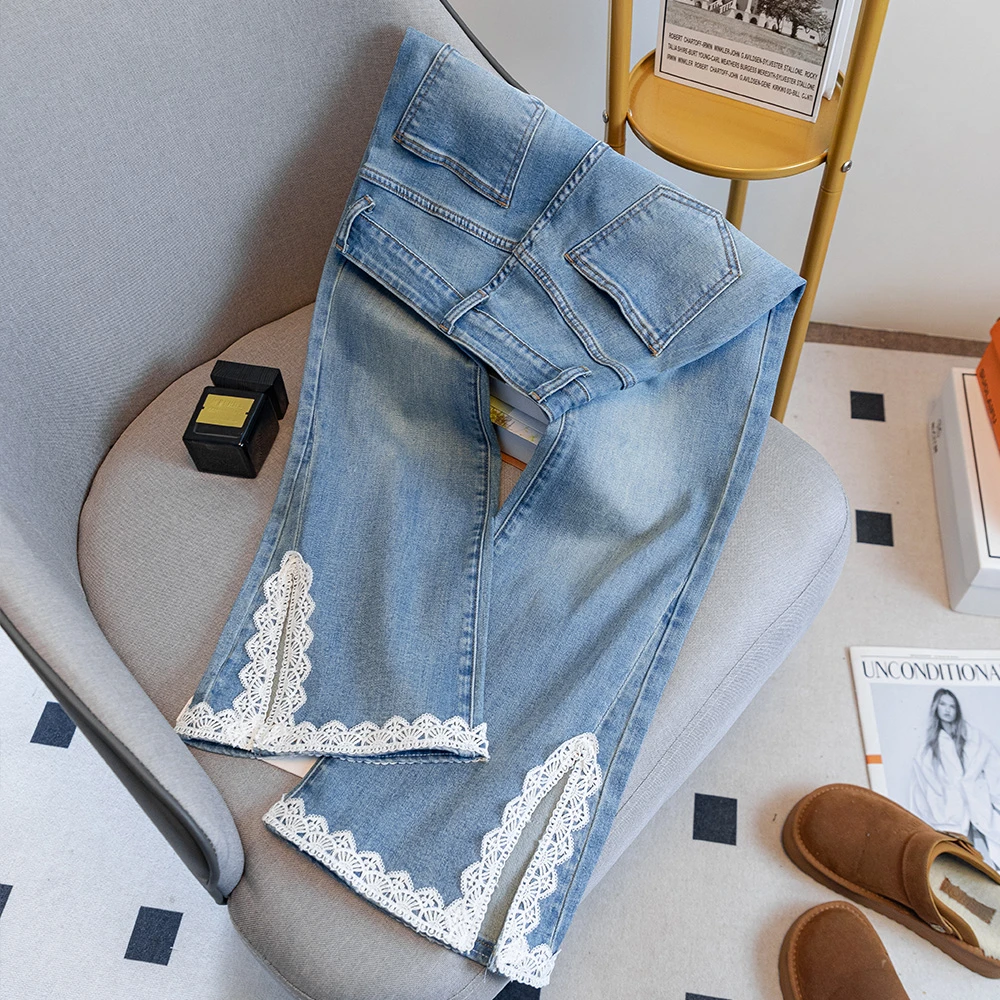 049新中式蕾丝开叉微喇牛仔裤女春夏高腰直筒喇叭裤窄版小个子裤