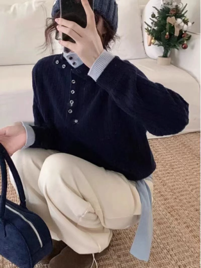 高领假两件坑条套头毛衣POLO领针织衫女8150