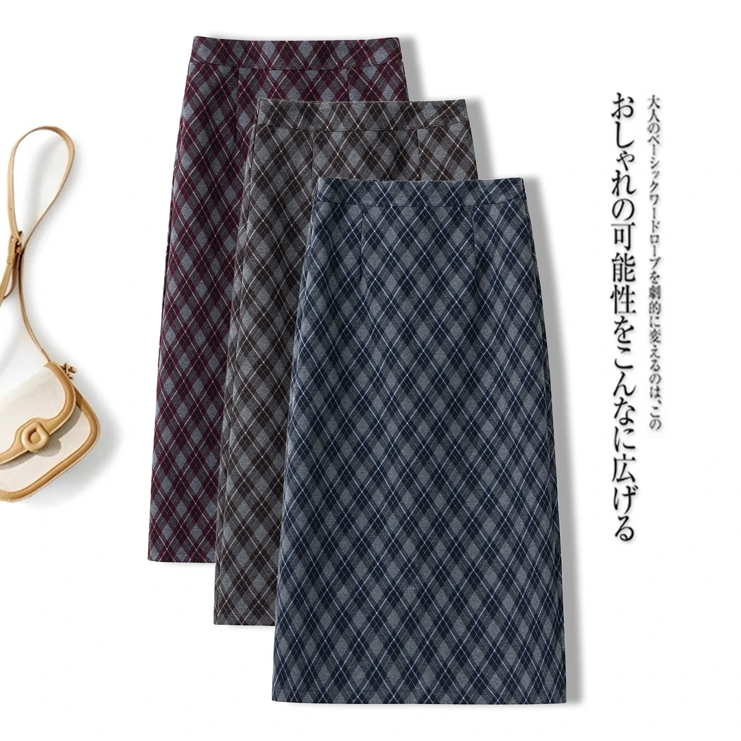 高级感气质复古半身长裙女秋季新款2025格纹高腰开叉休闲直筒裙