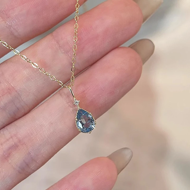 不锈钢锆石项链 蓝色水滴项链饰品女精致气质清冷感简约韩版吊坠